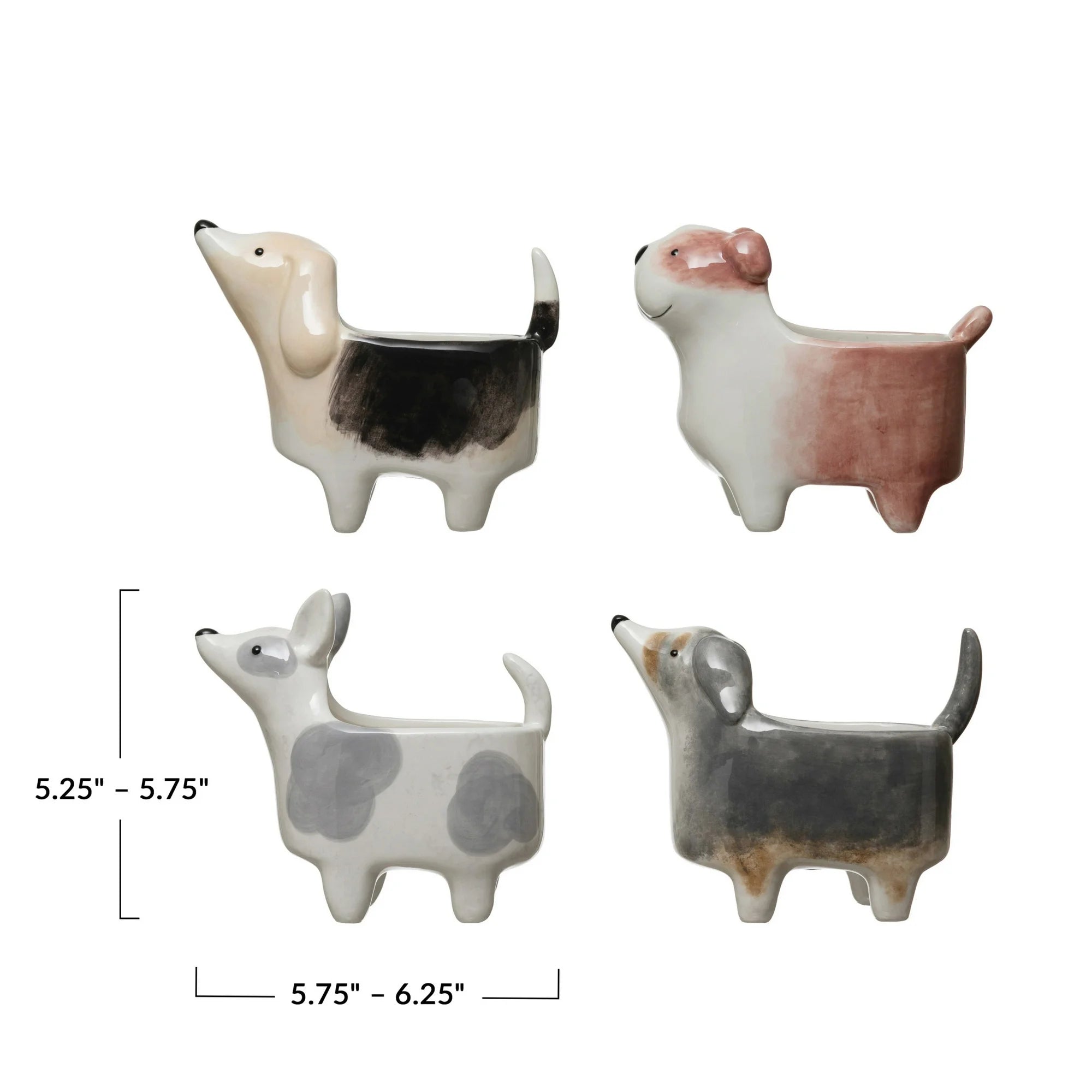 Four ceramic dog-shaped planters with measurements on a white background